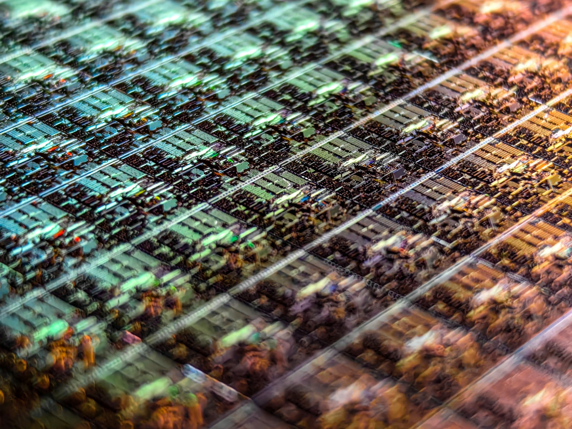 Extreme macro photograph of an illuminated computer circuit board